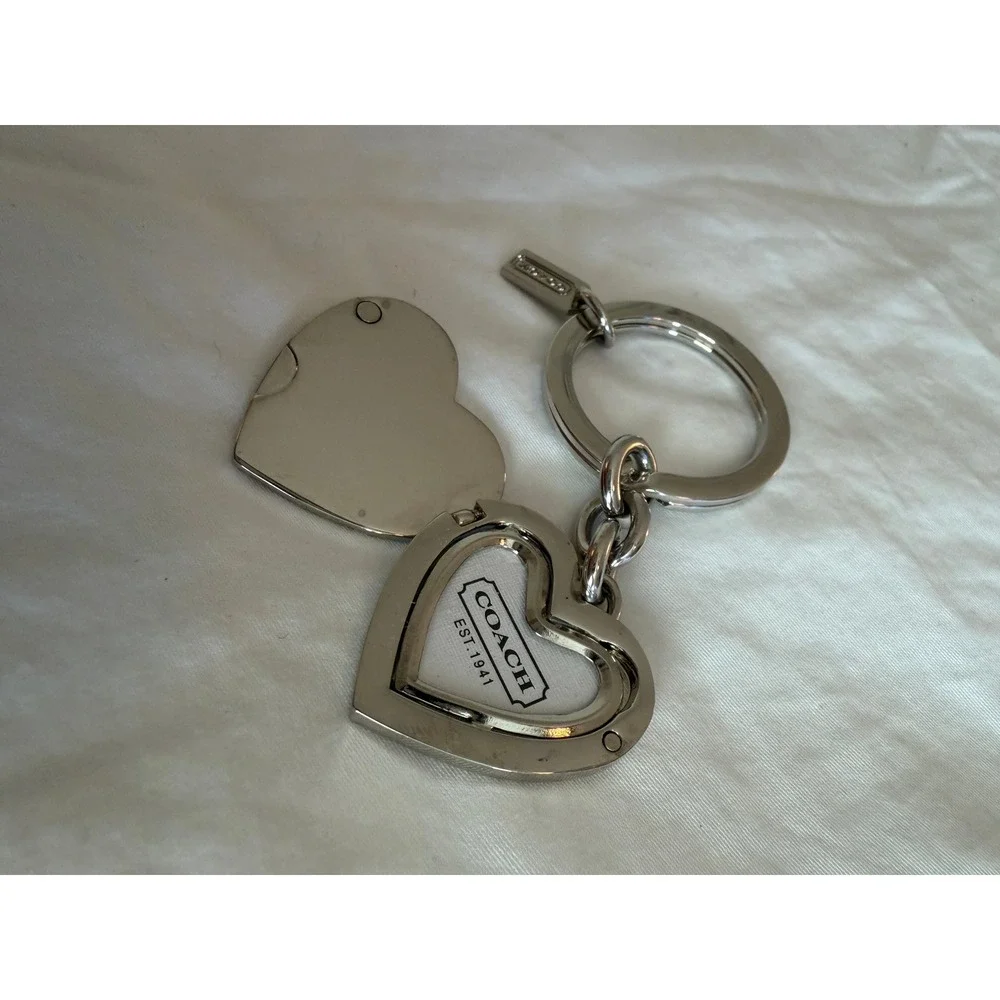 Coach Silver Heart Locket Keychain Crystal C Logo Bag Charm